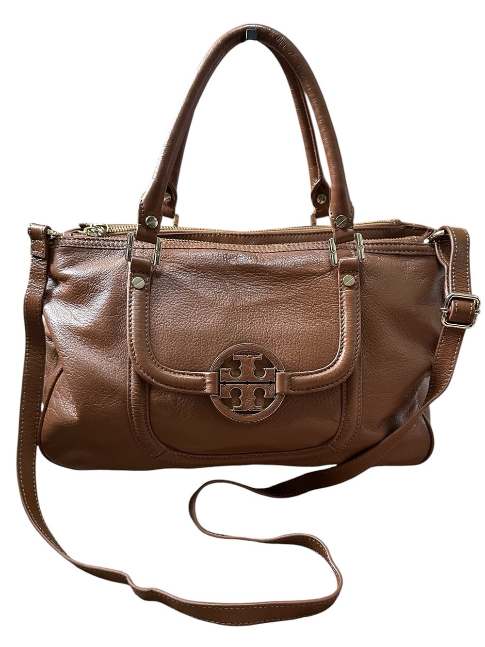 Tory Burch Amanda Slouchy Satchel Tan Pebbled Leather Convertible Shoulder Bag